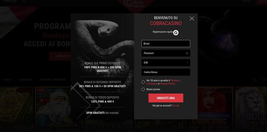 Registrarsi su Cobra Casino