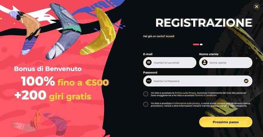 Come registrarsi a Boomerang casino